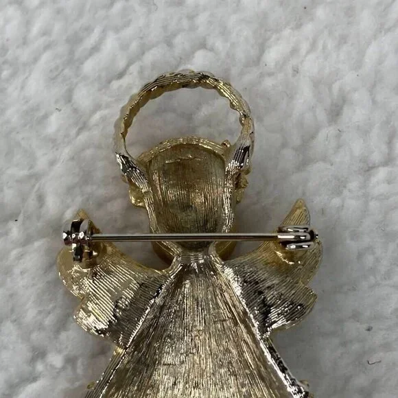 Vintage‎ Christmas Angel Brooch 2" Pin Gold Tone Red Green Rhinestones - Picture 9 of 10